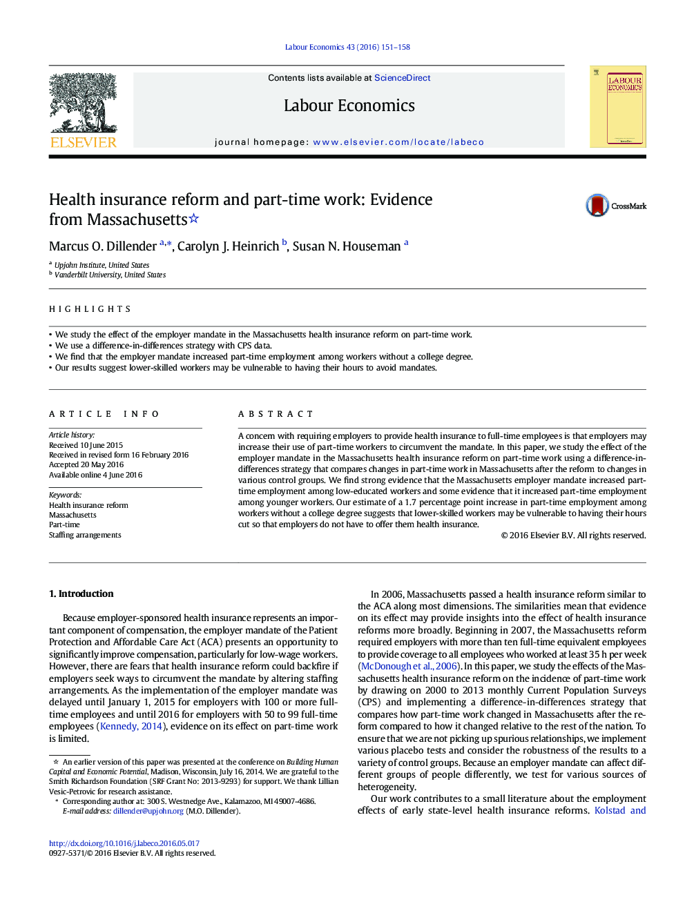 Health insurance reform and part-time work: Evidence from Massachusetts