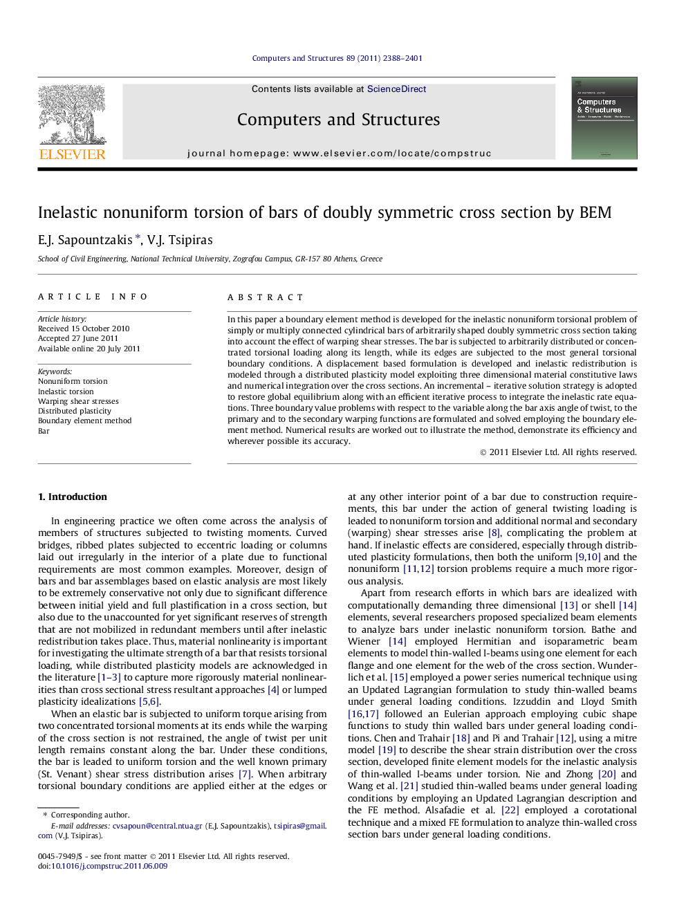 Inelastic nonuniform torsion of bars of doubly symmetric cross section by BEM