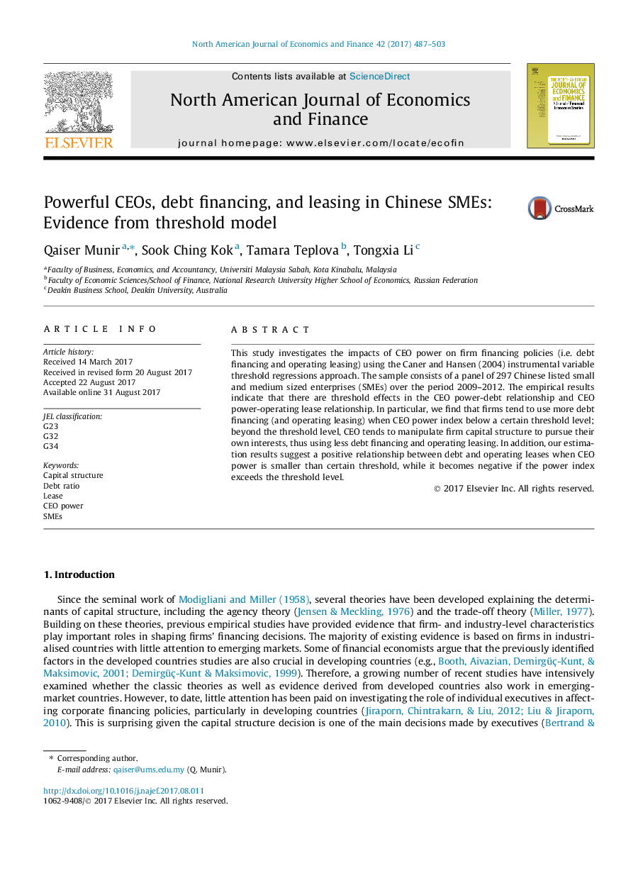 عکس صفحه اول مقاله: Powerful CEOs, debt financing, and leasing in Chinese SMEs: Evidence from threshold model Powerful CEOs, debt financing, and leasing in Chinese SMEs: Evidence from threshold model