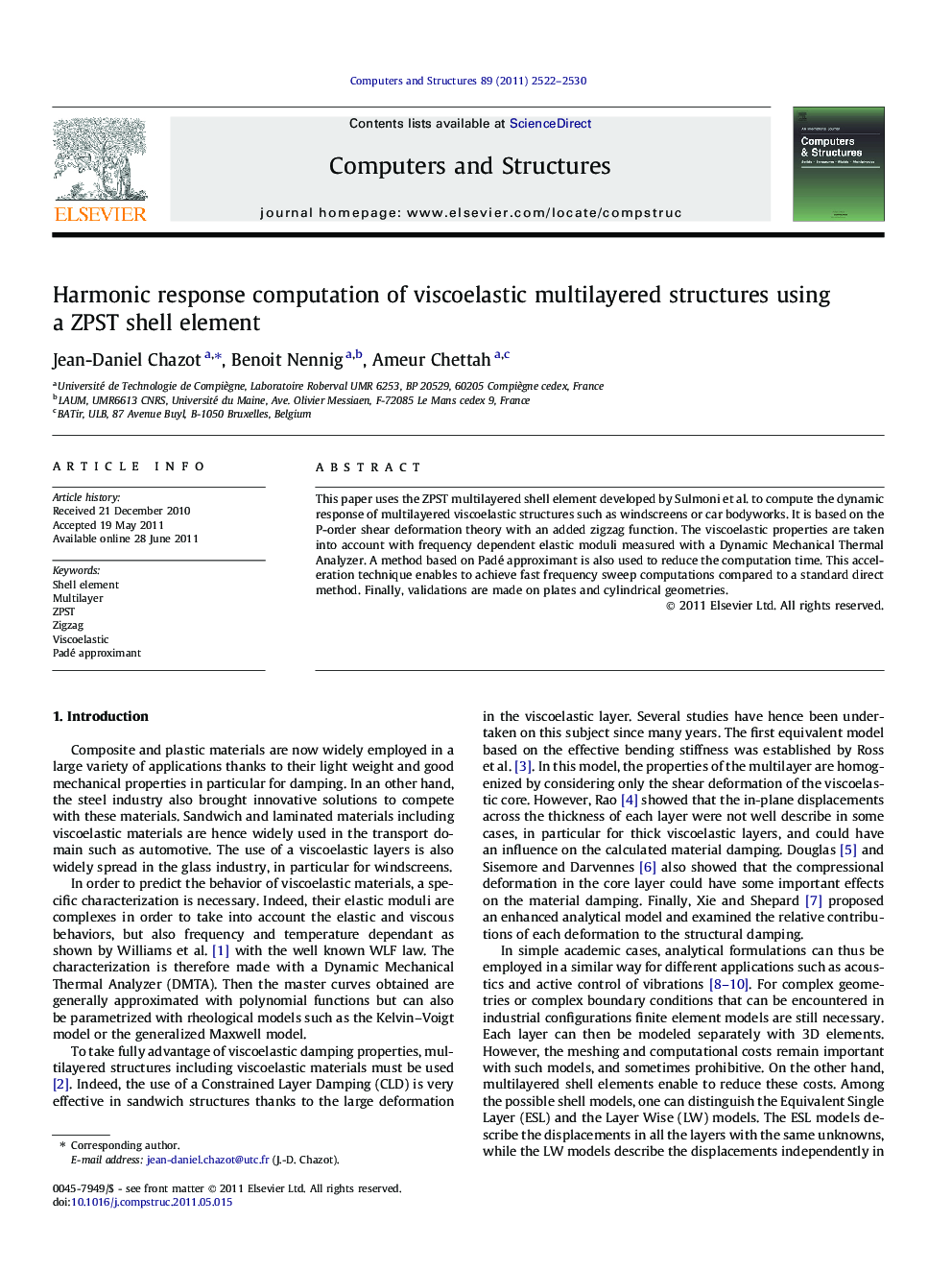 Harmonic response computation of viscoelastic multilayered structures using a ZPST shell element