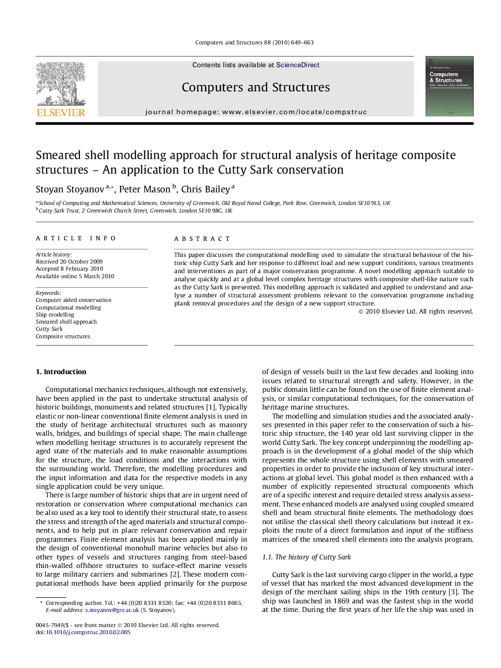 Smeared shell modelling approach for structural analysis of heritage composite structures – An application to the Cutty Sark conservation