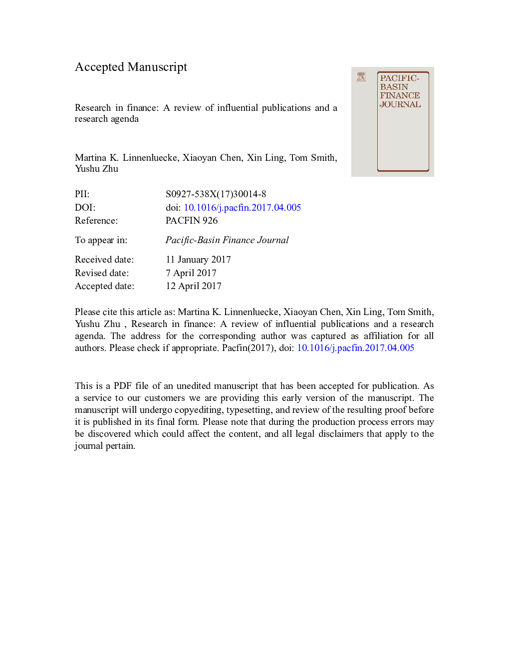Research in finance: A review of influential publications and a research agenda