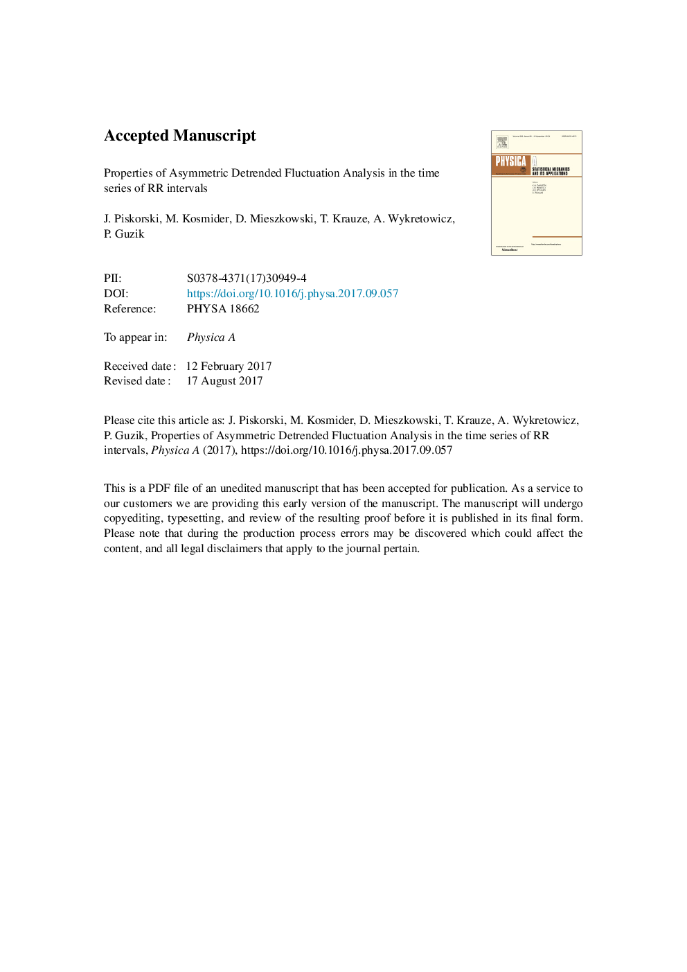 Properties of Asymmetric Detrended Fluctuation Analysis in the time series of RR intervals