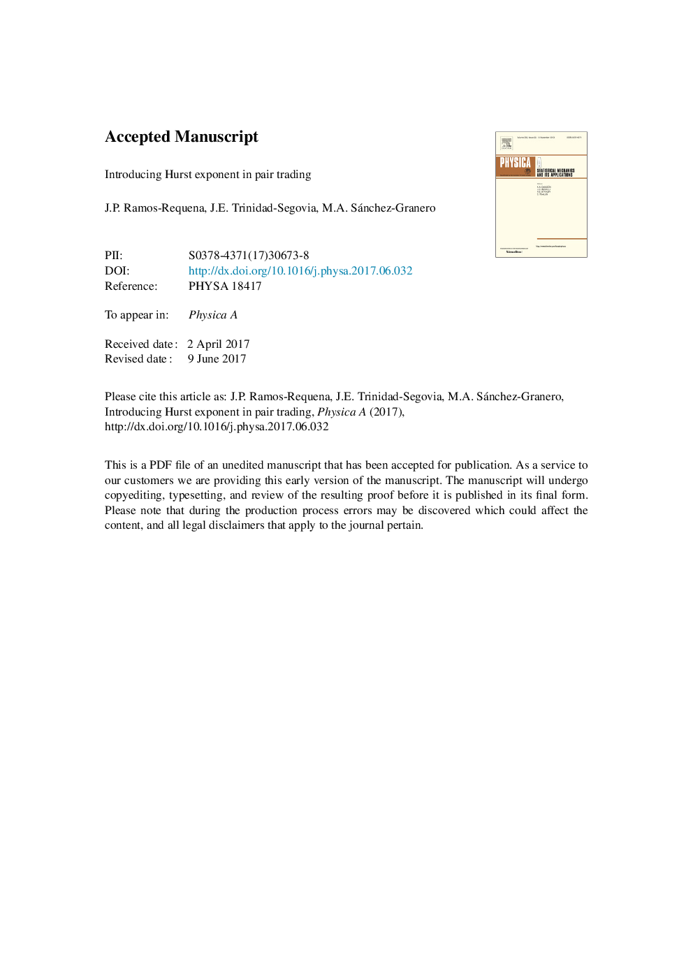 Introducing Hurst exponent in pair trading