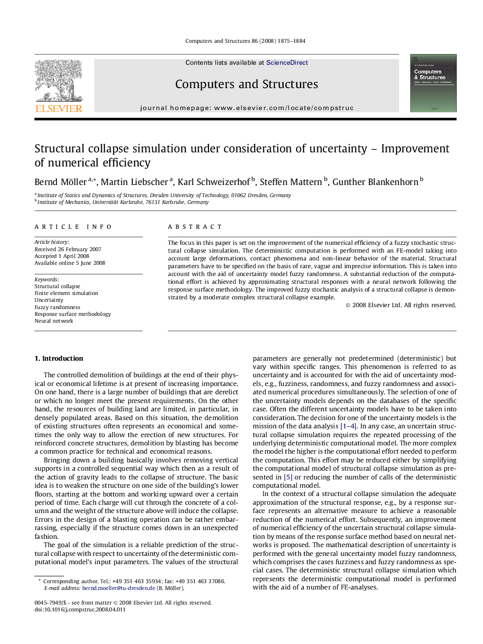 Structural collapse simulation under consideration of uncertainty – Improvement of numerical efficiency