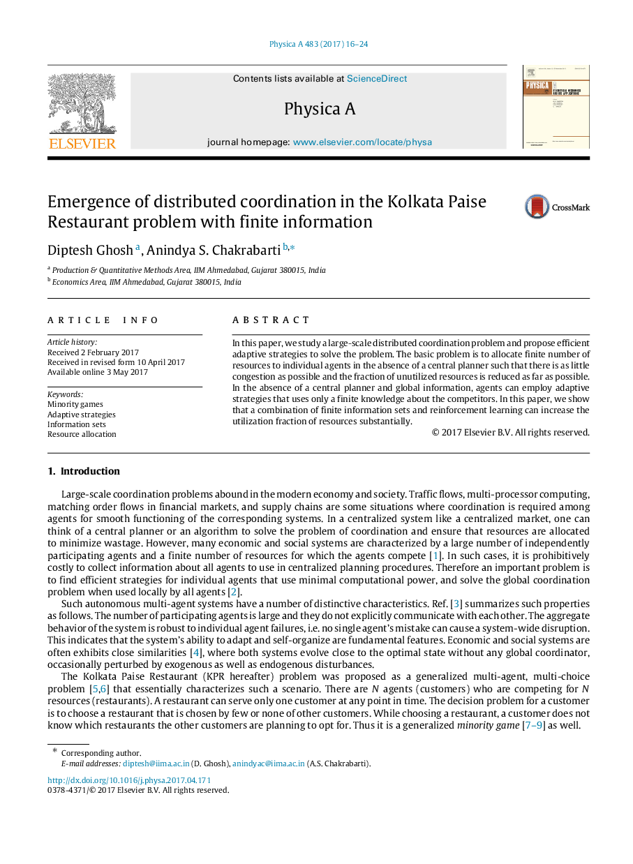 Emergence of distributed coordination in the Kolkata Paise Restaurant problem with finite information