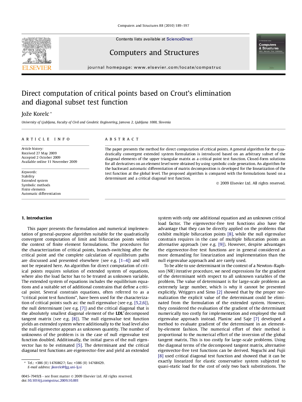 Direct computation of critical points based on Crout’s elimination and diagonal subset test function