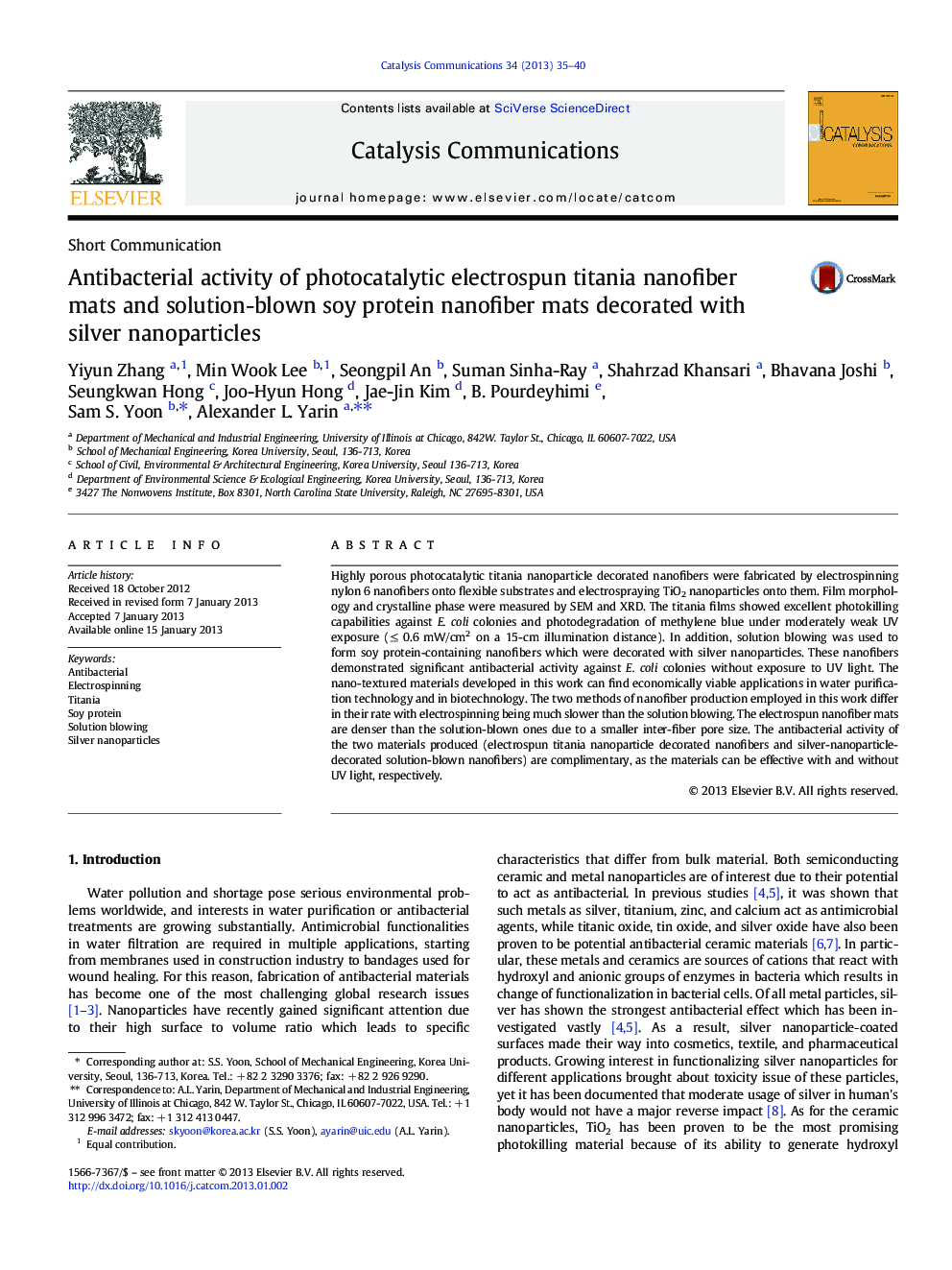 Antibacterial activity of photocatalytic electrospun titania nanofiber mats and solution-blown soy protein nanofiber mats decorated with silver nanoparticles