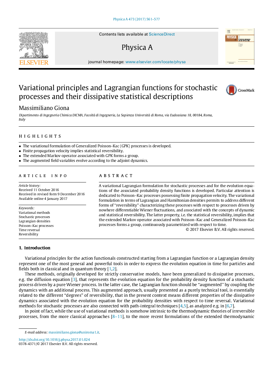 Variational principles and Lagrangian functions for stochastic processes and their dissipative statistical descriptions