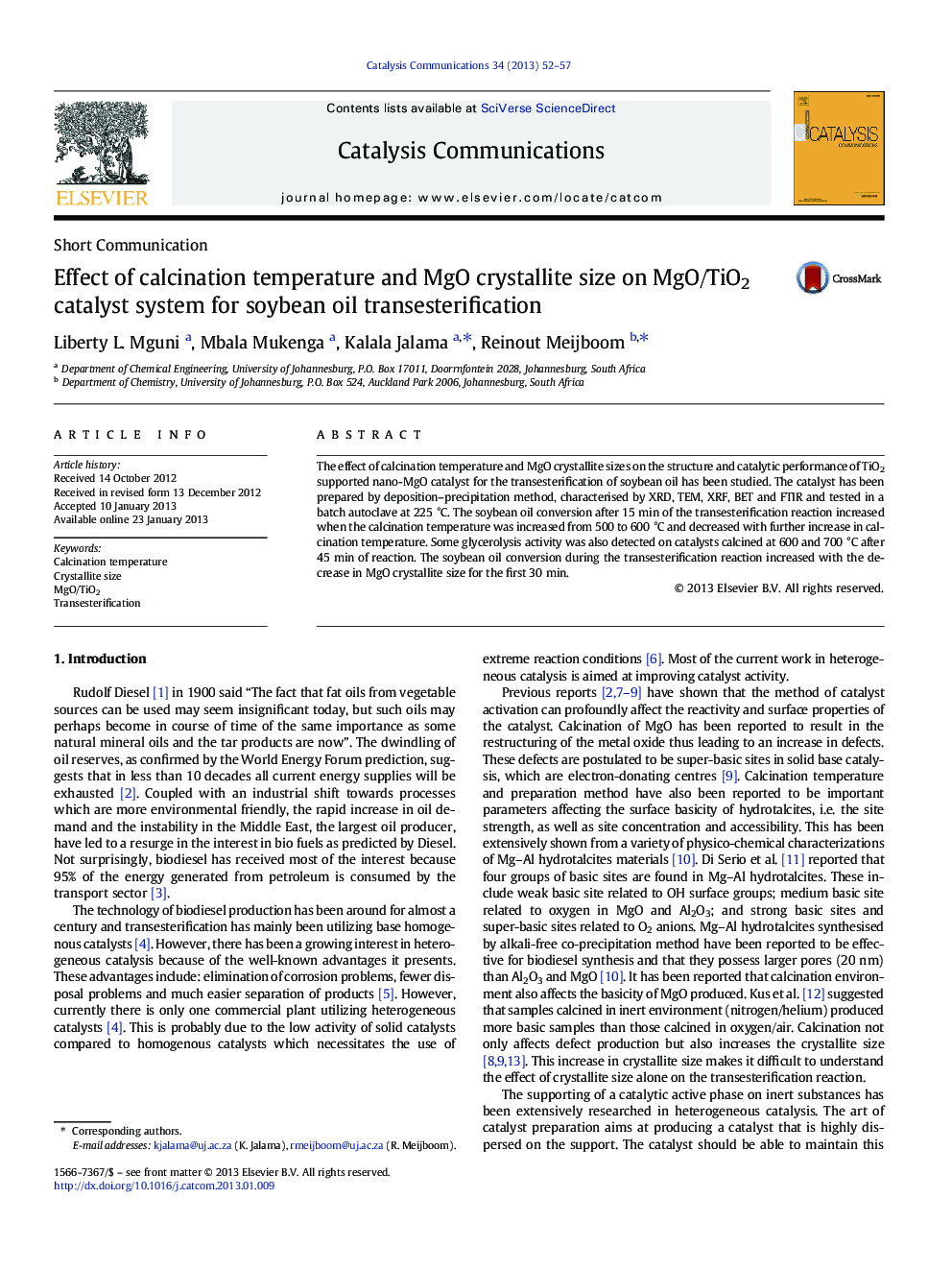 Effect of calcination temperature and MgO crystallite size on MgO/TiO2 catalyst system for soybean oil transesterification