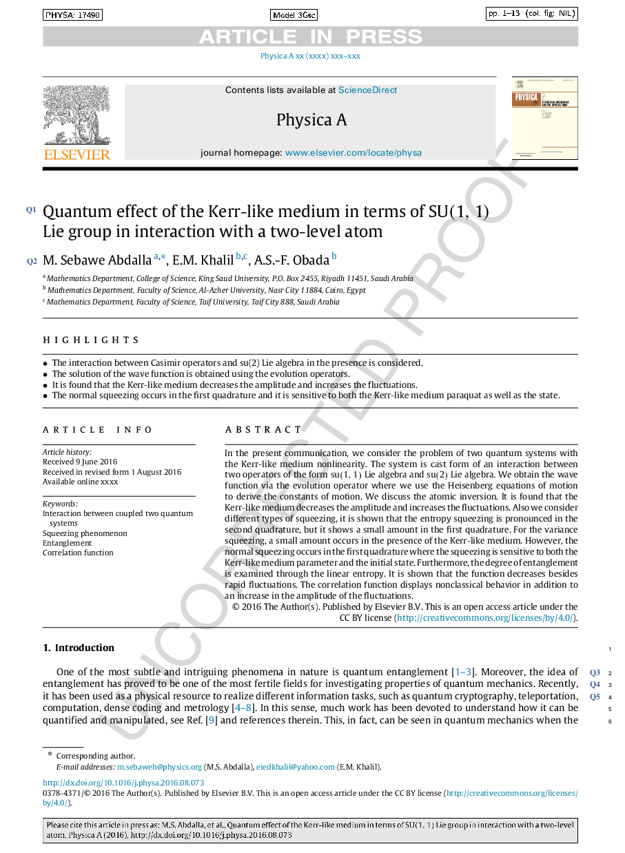 عکس صفحه اول مقاله: Quantum effect of the Kerr-like medium in terms of SU(1,1) Lie group in interaction with a two-level atom Quantum effect of the Kerr-like medium in terms of SU(1,1) Lie group in interaction with a two-level atom