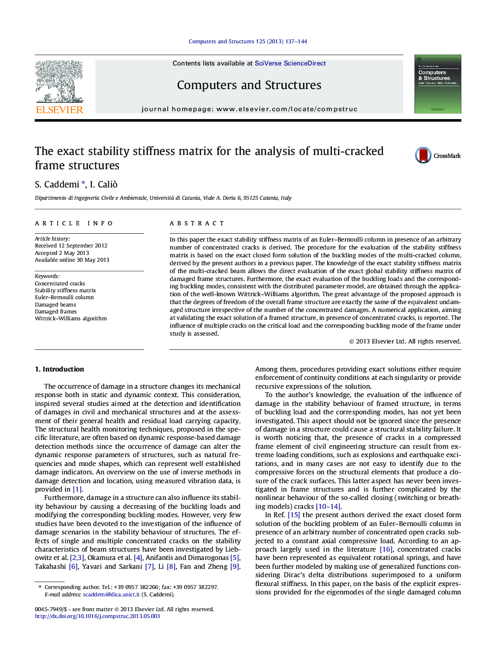 The exact stability stiffness matrix for the analysis of multi-cracked frame structures