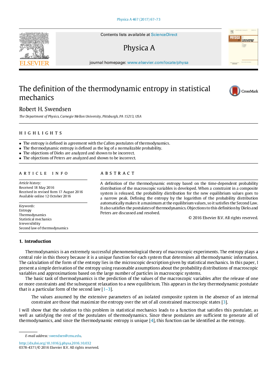 The definition of the thermodynamic entropy in statistical mechanics