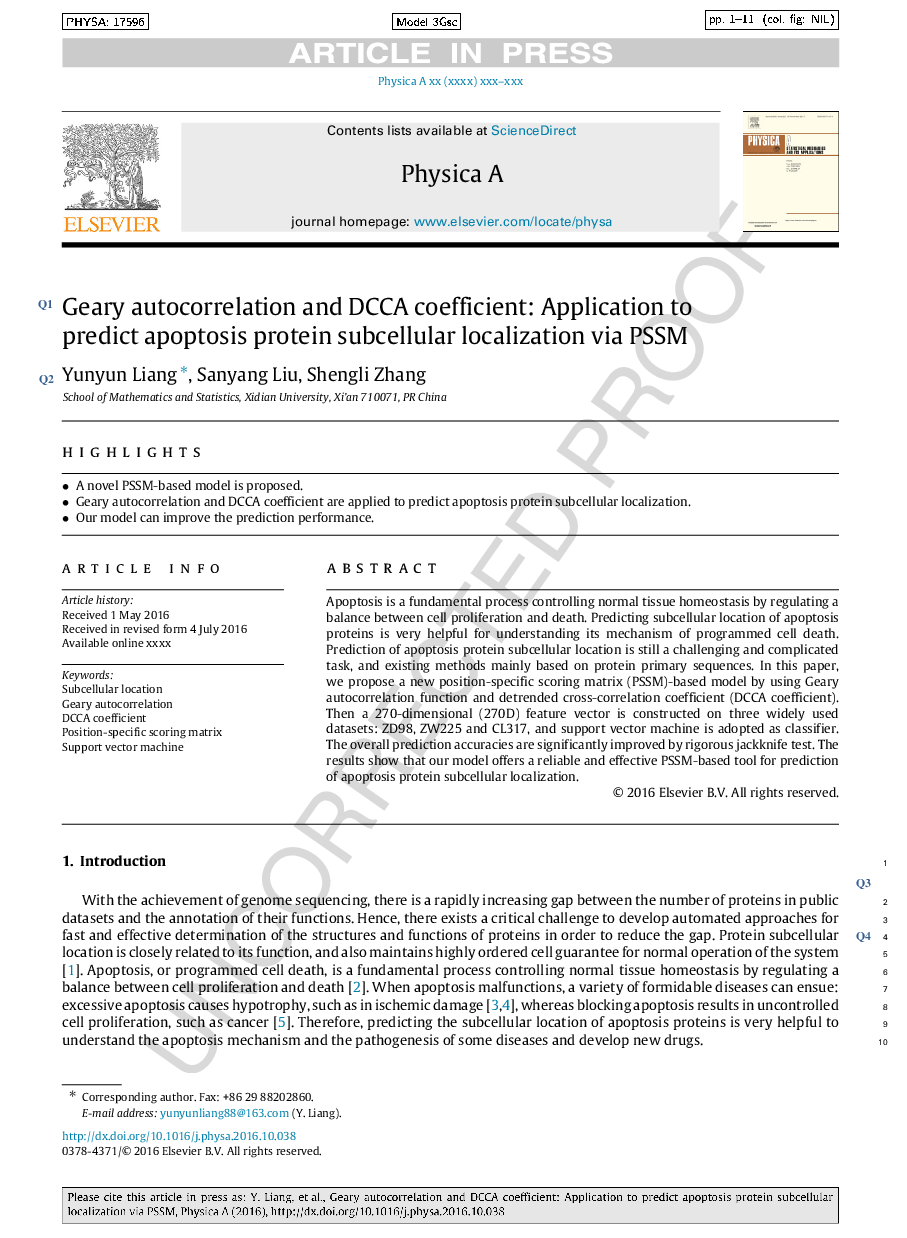 Geary autocorrelation and DCCA coefficient: Application to predict apoptosis protein subcellular localization via PSSM