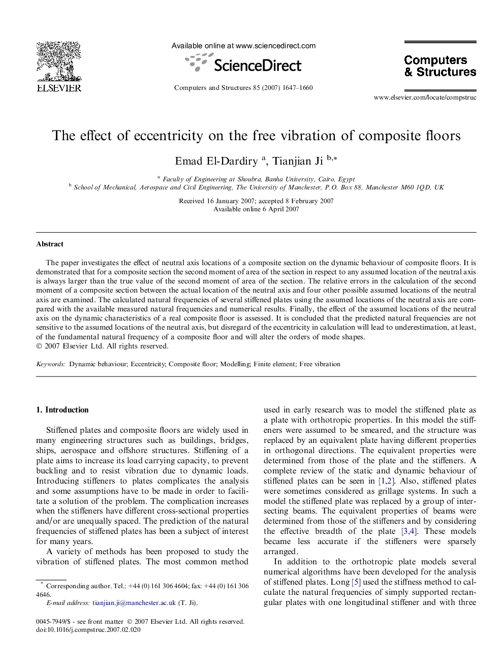 The effect of eccentricity on the free vibration of composite floors