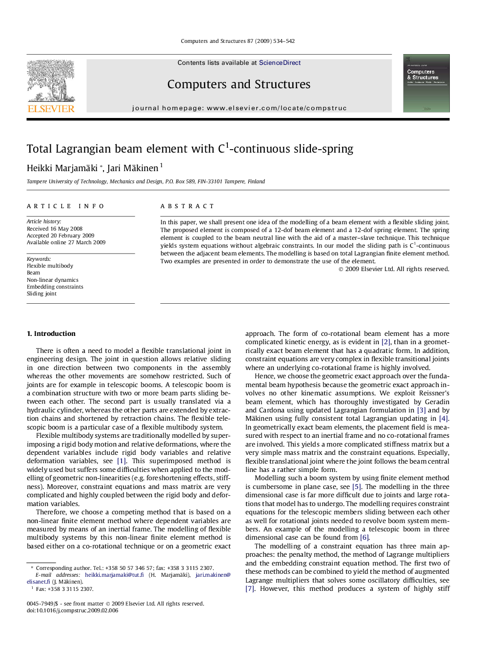 Total Lagrangian beam element with C1-continuous slide-spring