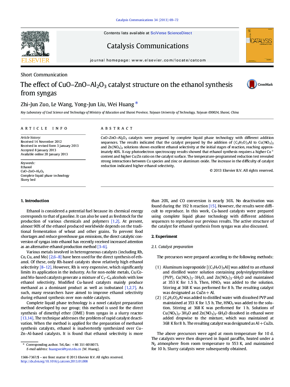 The effect of CuO–ZnO–Al2O3 catalyst structure on the ethanol synthesis from syngas