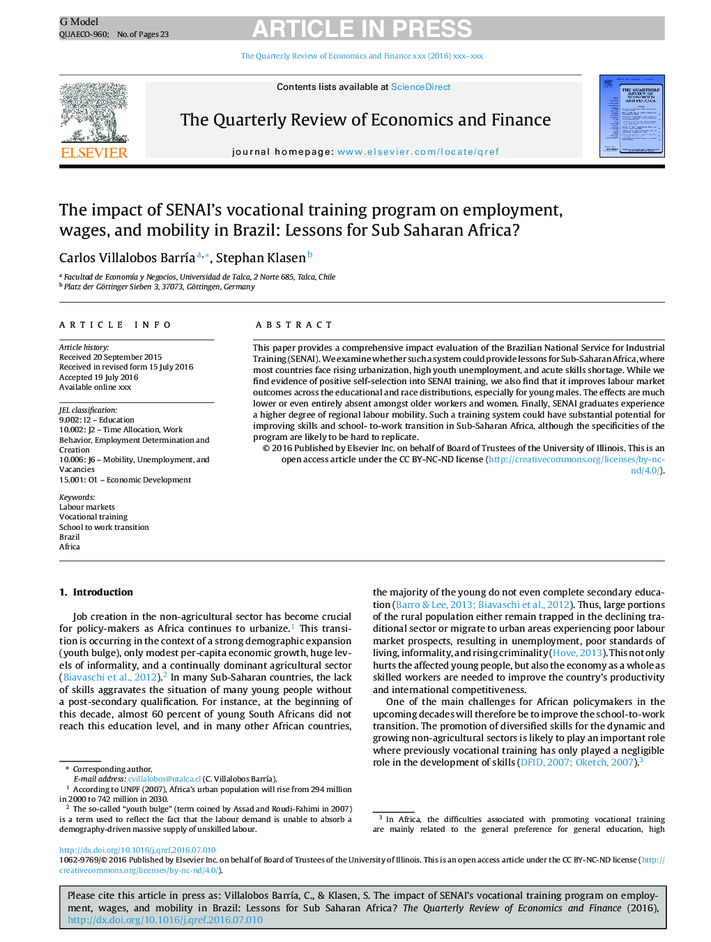 The impact of SENAI's vocational training program on employment, wages, and mobility in Brazil: Lessons for Sub Saharan Africa?