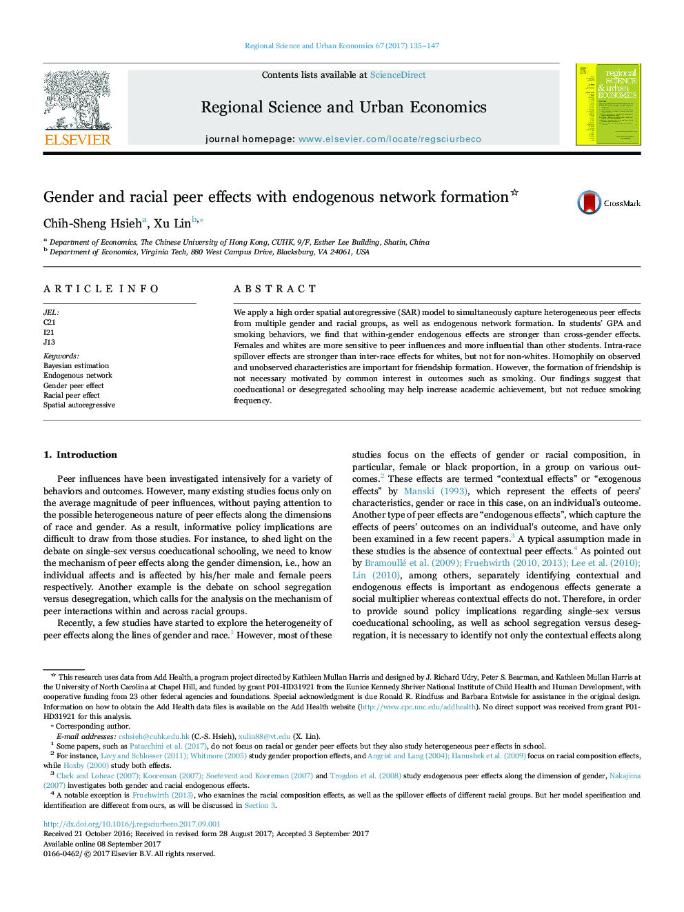 Gender and racial peer effects with endogenous network formation