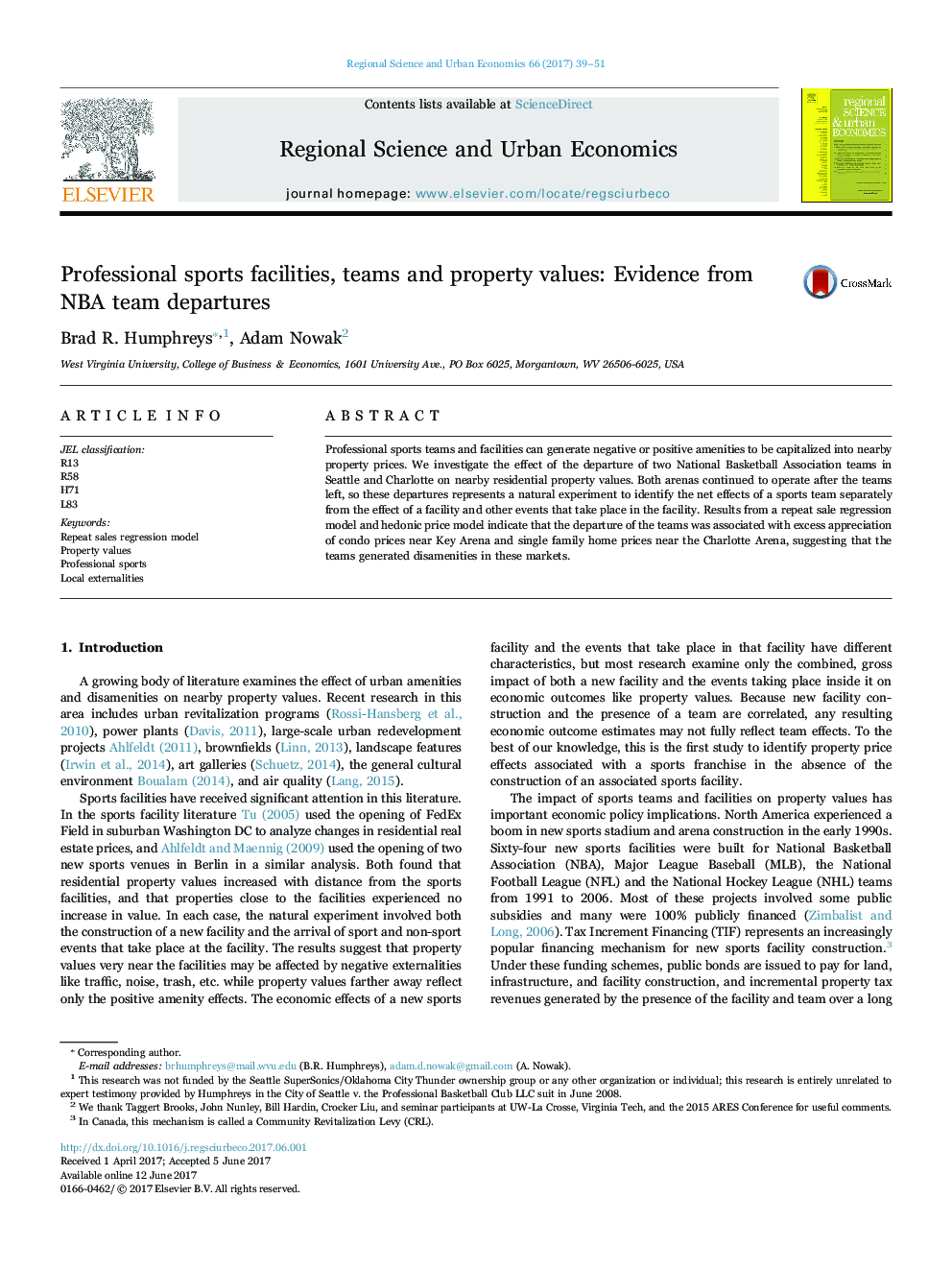 Professional sports facilities, teams and property values: Evidence from NBA team departures