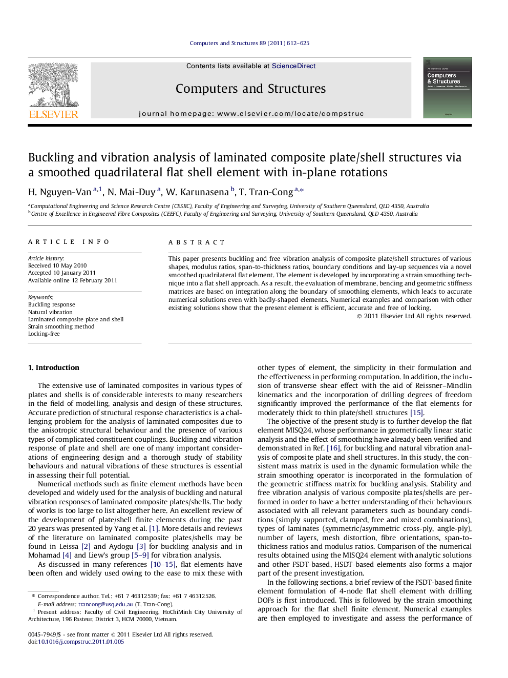 Buckling and vibration analysis of laminated composite plate/shell structures via a smoothed quadrilateral flat shell element with in-plane rotations