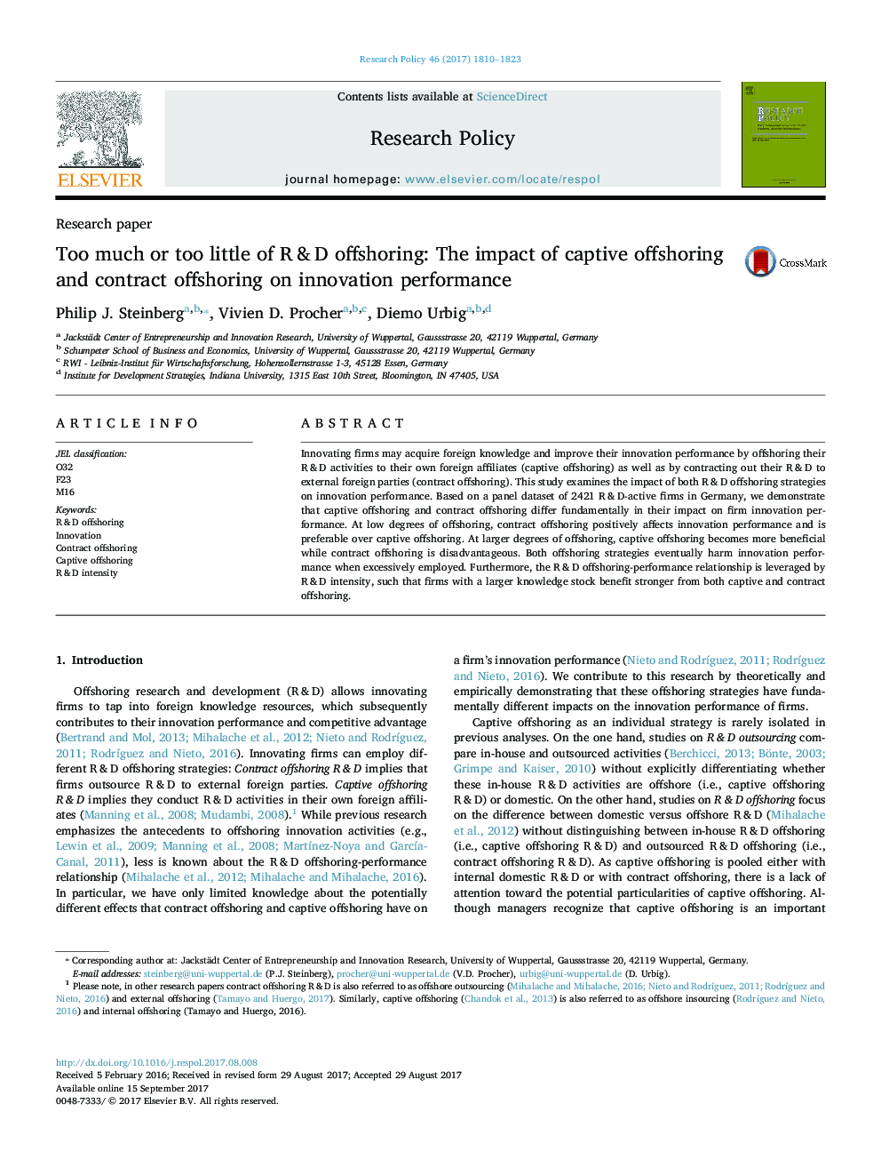 عکس صفحه اول مقاله: Too much or too little of R&D offshoring: The impact of captive offshoring and contract offshoring on innovation performance Too much or too little of R&D offshoring: The impact of captive offshoring and contract offshoring on innovation performance
