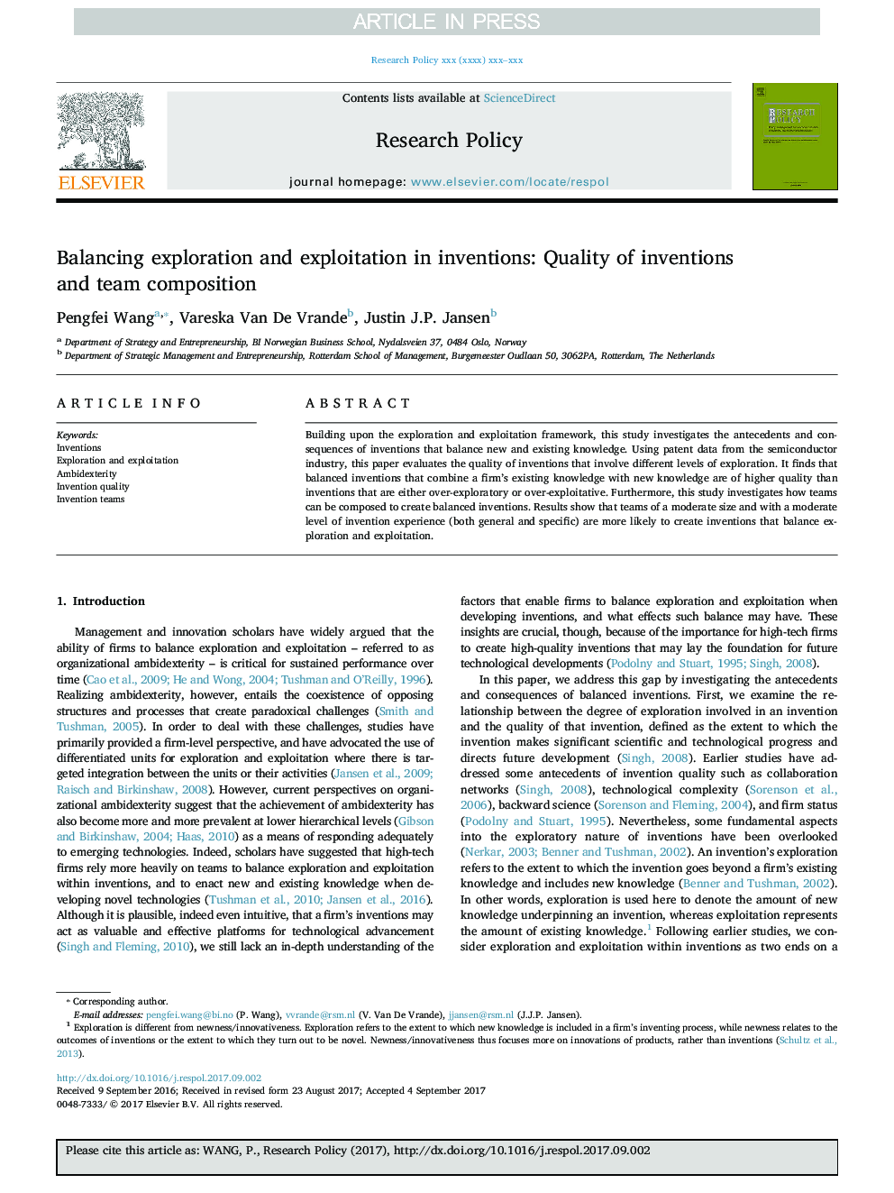 Balancing exploration and exploitation in inventions: Quality of inventions and team composition