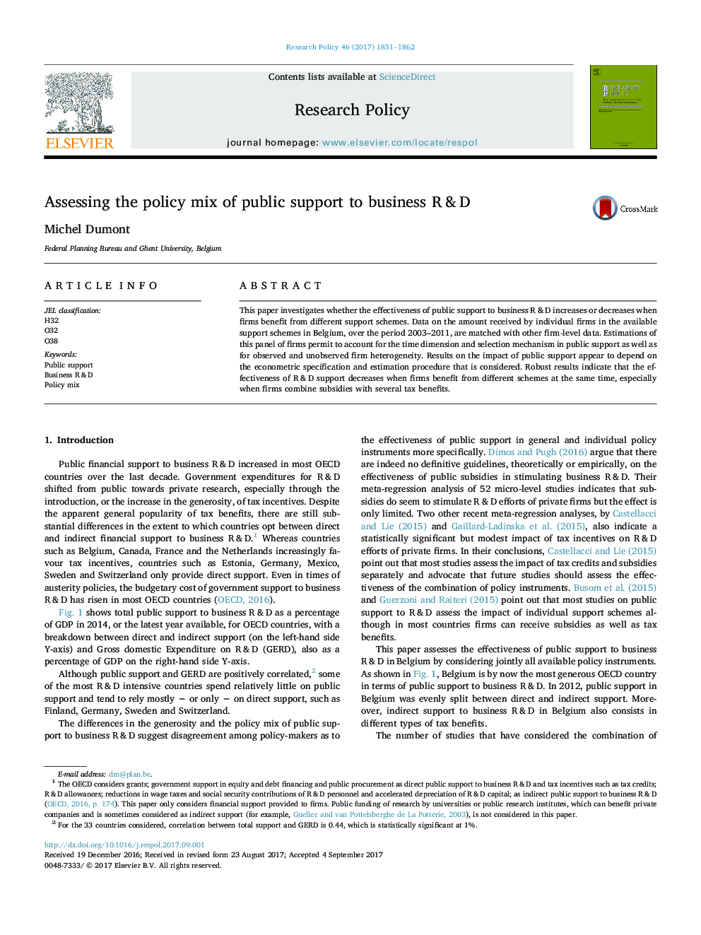 Assessing the policy mix of public support to business R&D