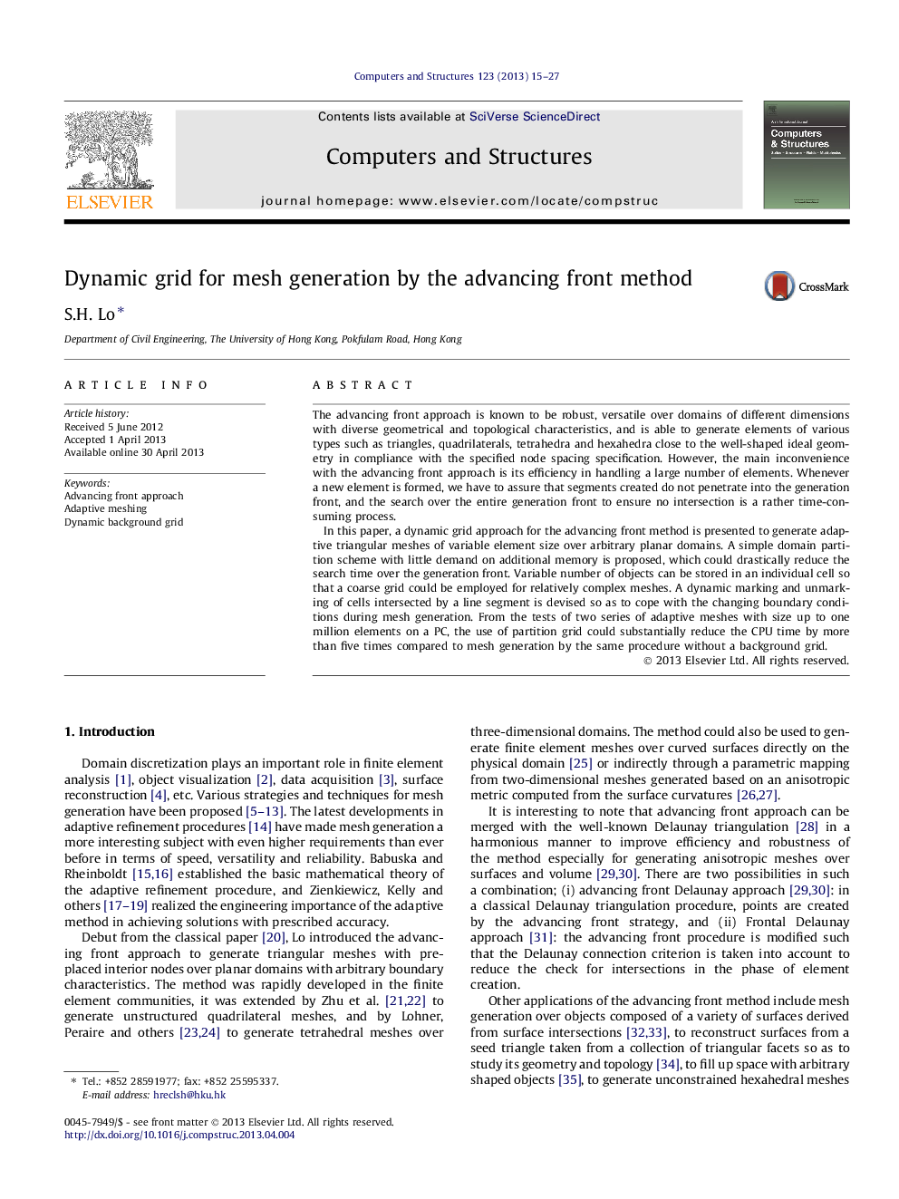 Dynamic grid for mesh generation by the advancing front method