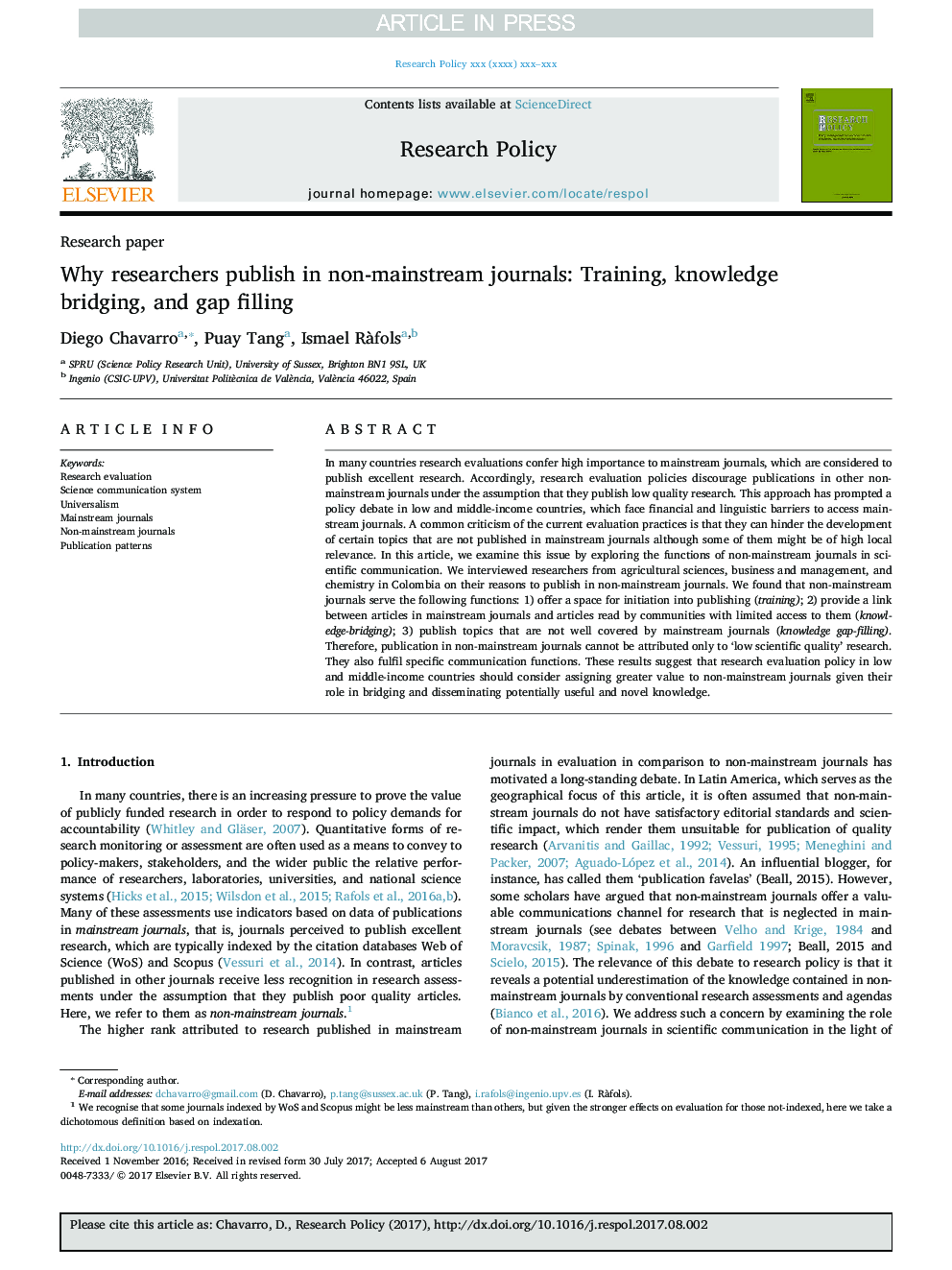 Why researchers publish in non-mainstream journals: Training, knowledge bridging, and gap filling