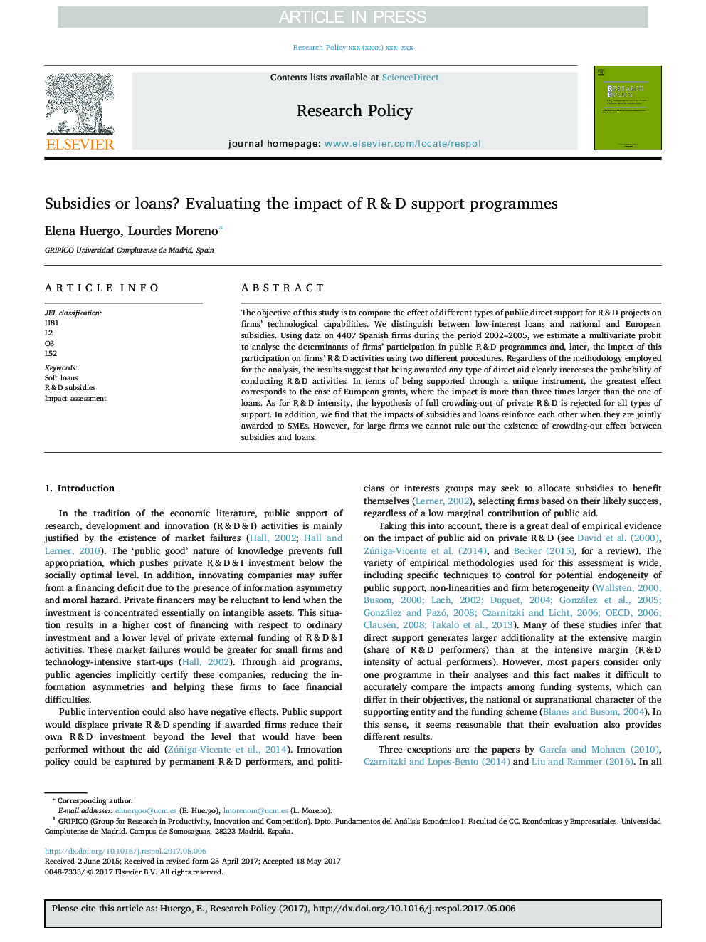 Subsidies or loans? Evaluating the impact of R&D support programmes