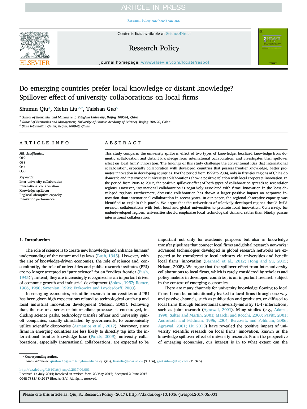 Do emerging countries prefer local knowledge or distant knowledge? Spillover effect of university collaborations on local firms