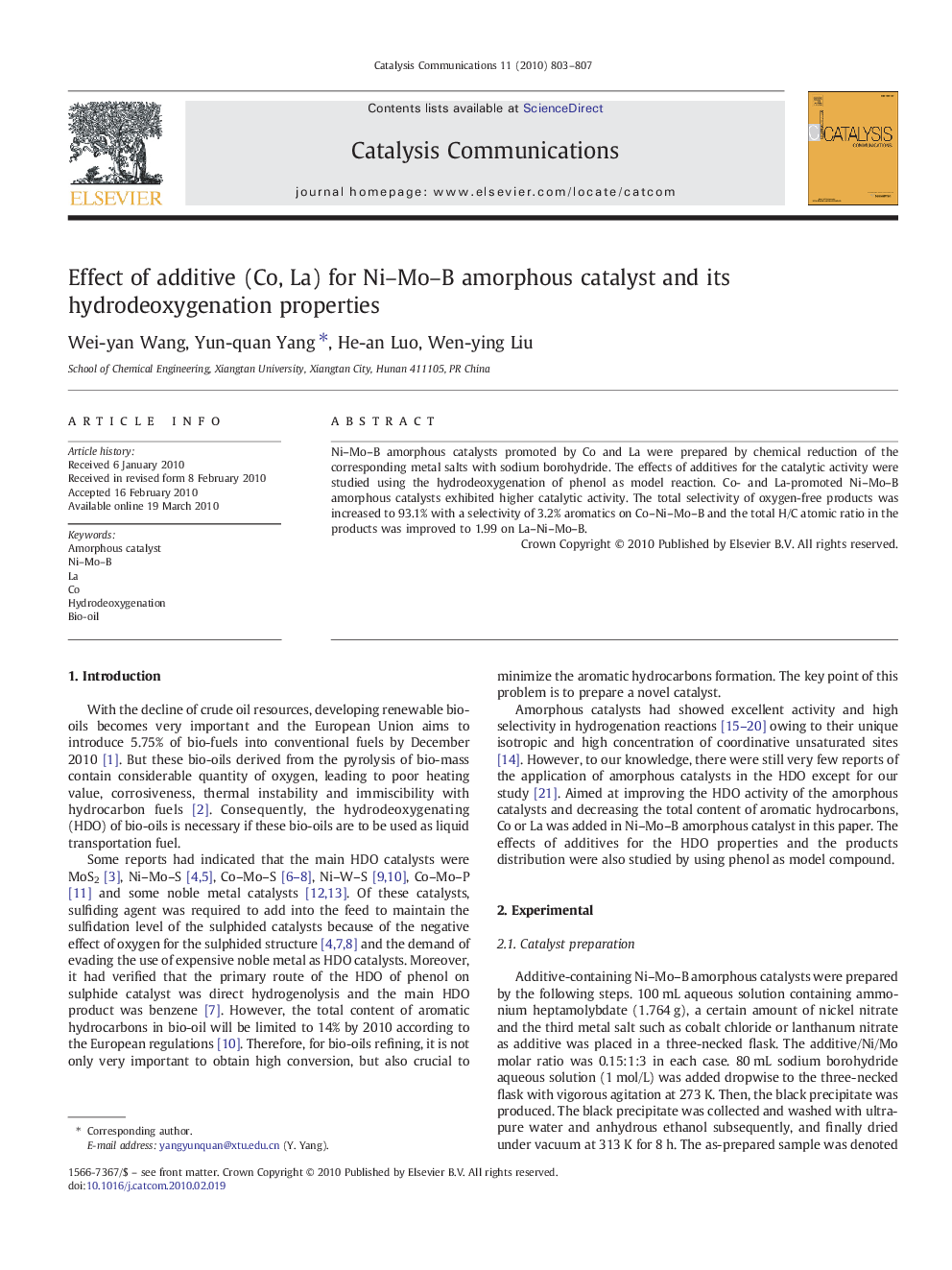 Effect of additive (Co, La) for Ni–Mo–B amorphous catalyst and its hydrodeoxygenation properties