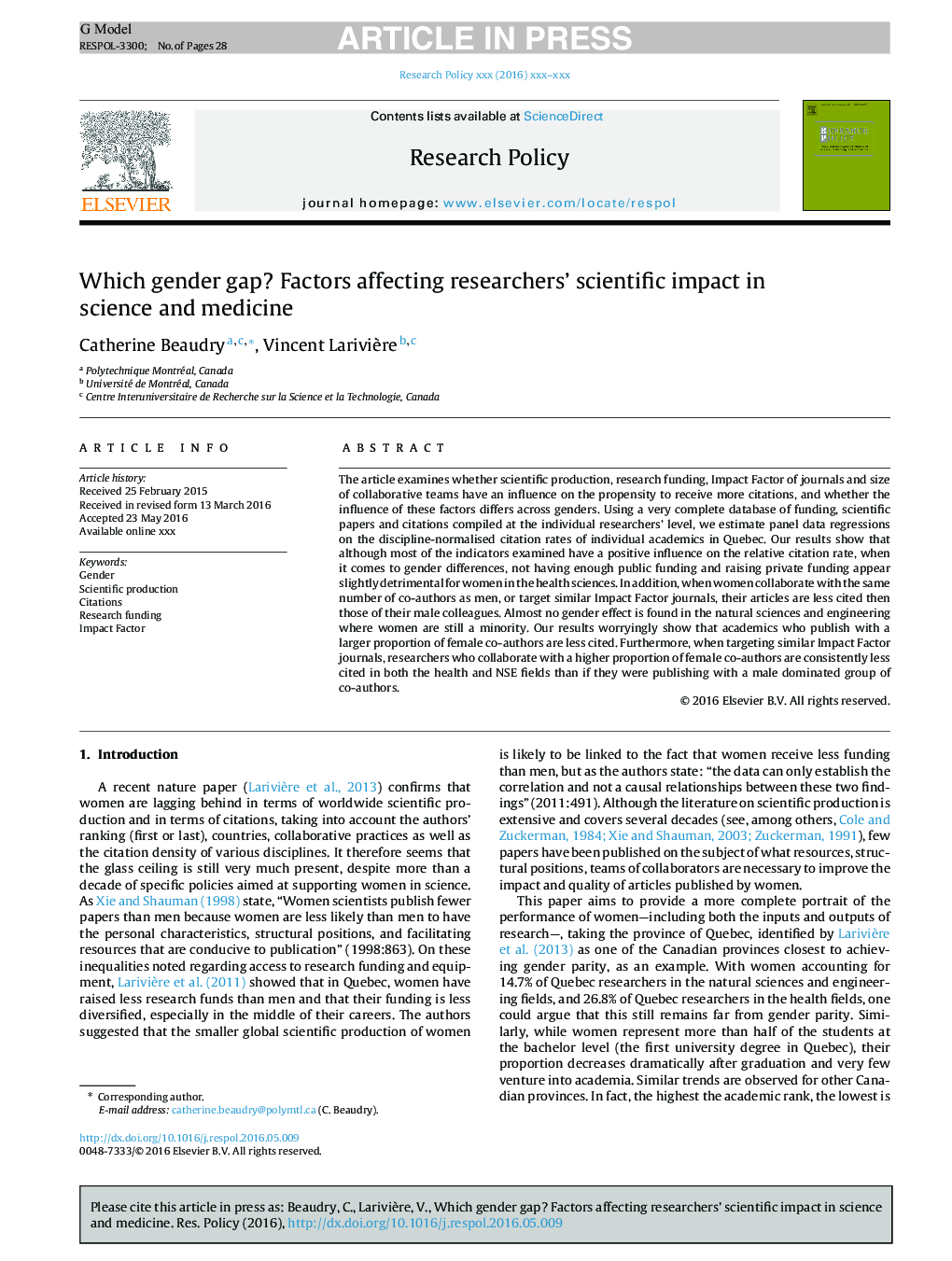 Which gender gap? Factors affecting researchers' scientific impact in science and medicine