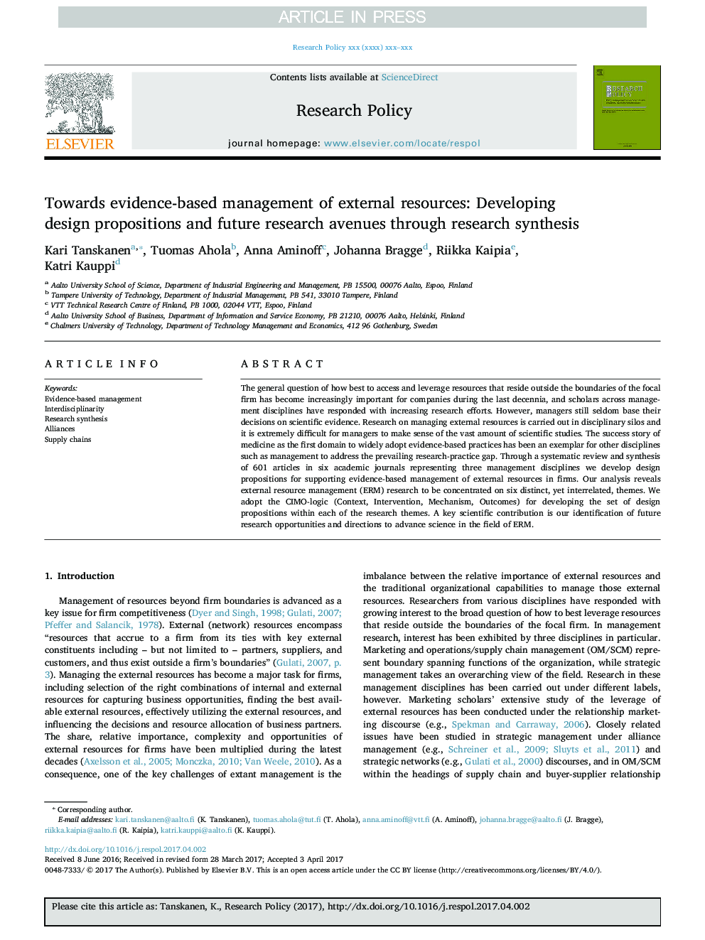 Towards evidence-based management of external resources: Developing design propositions and future research avenues through research synthesis