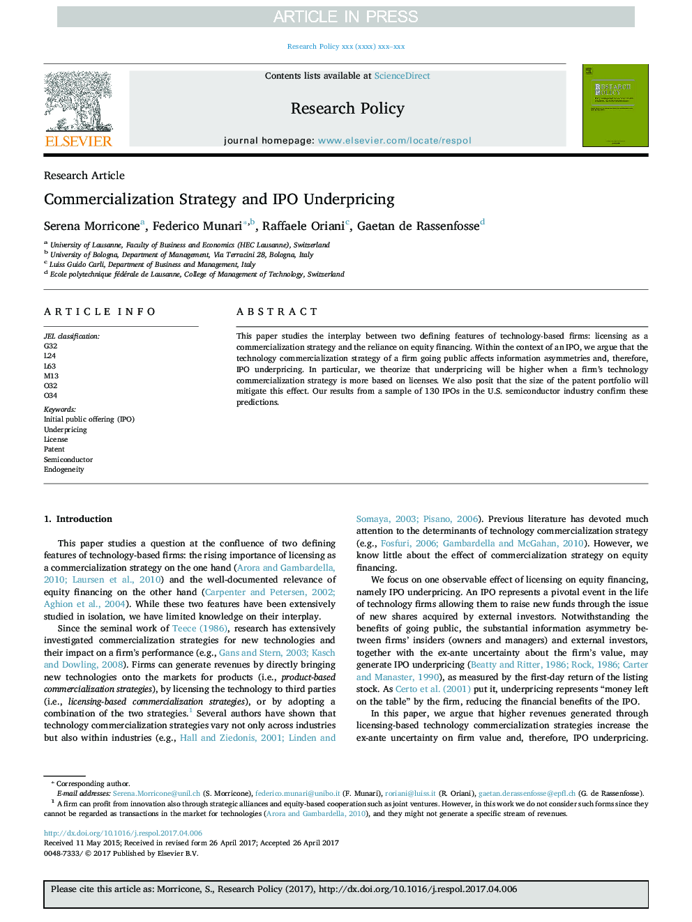 عکس صفحه اول مقاله: Commercialization Strategy and IPO Underpricing Commercialization Strategy and IPO Underpricing