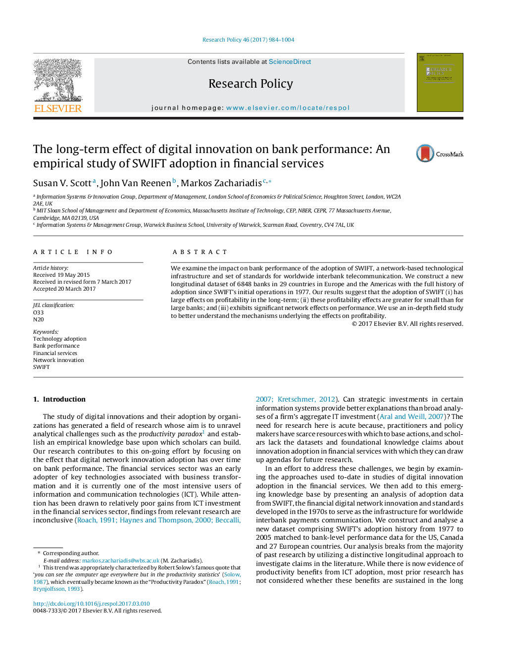 The long-term effect of digital innovation on bank performance: An empirical study of SWIFT adoption in financial services