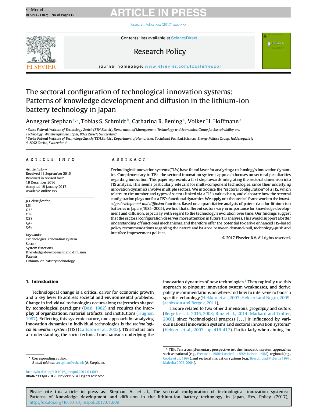 The sectoral configuration of technological innovation systems: Patterns of knowledge development and diffusion in the lithium-ion battery technology in Japan