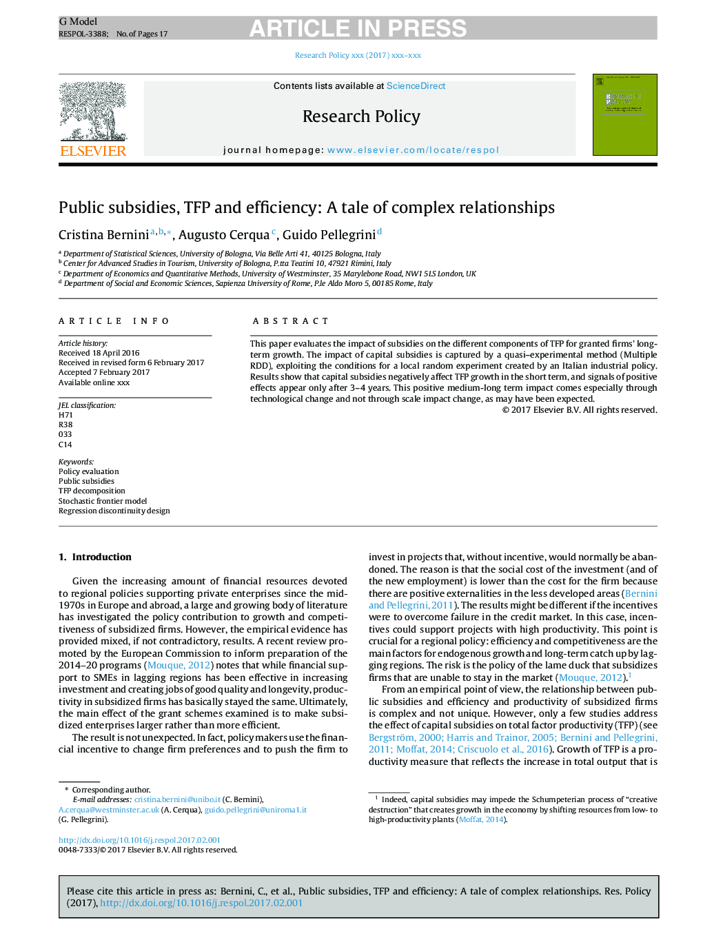 Public subsidies, TFP and efficiency: A tale of complex relationships