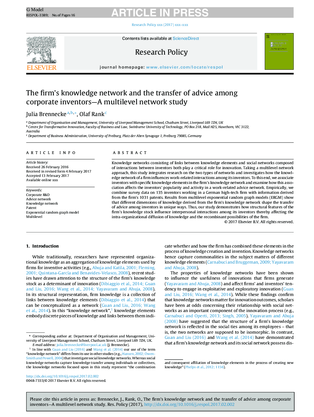 شبکه دانش شرکت و انتقال مشاوره در بین مخترعان شرکت - یک مطالعه شبکه چند سطحی 
