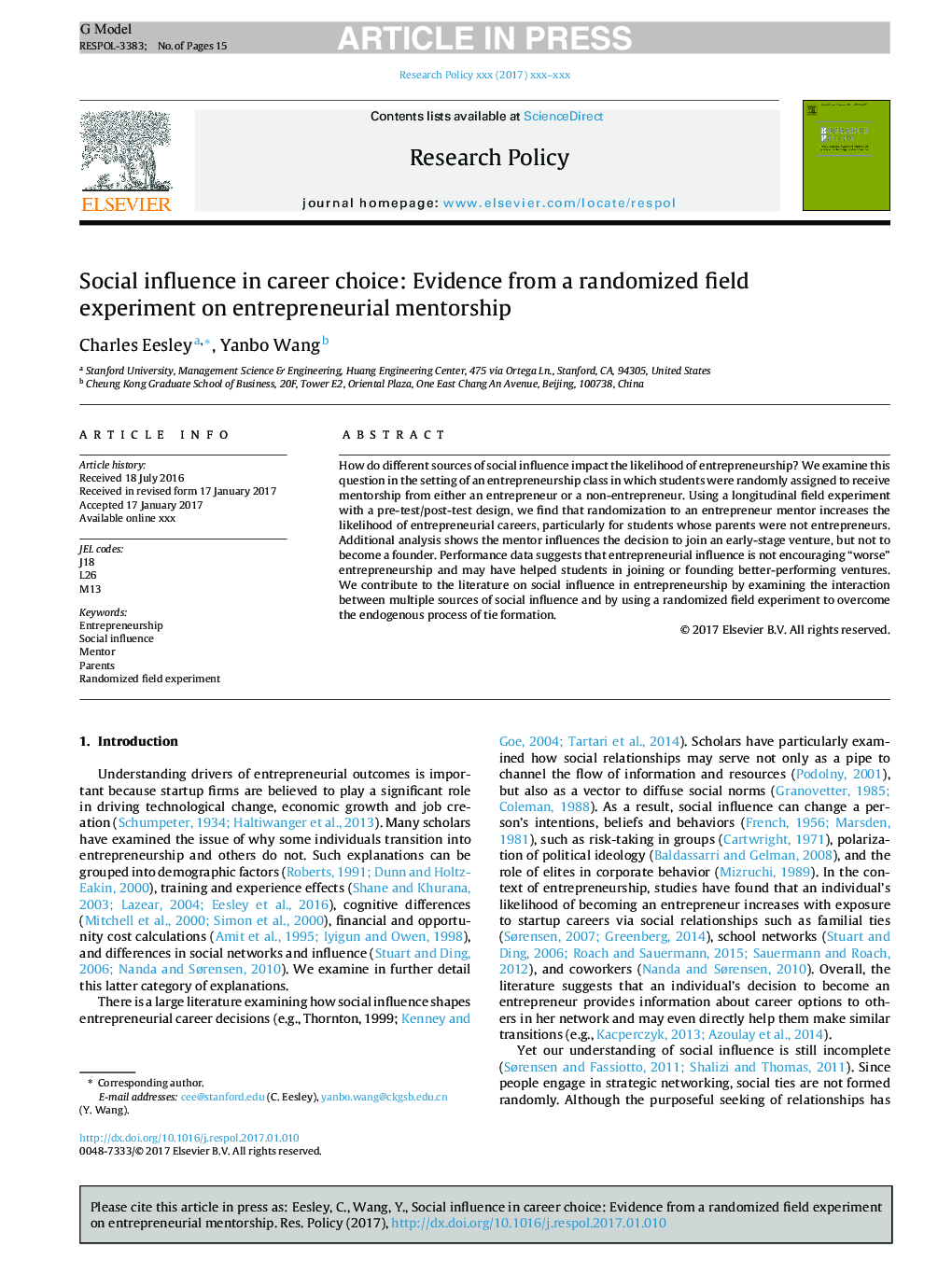 Social influence in career choice: Evidence from a randomized field experiment on entrepreneurial mentorship