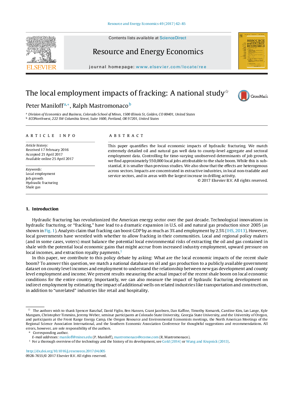 The local employment impacts of fracking: A national study