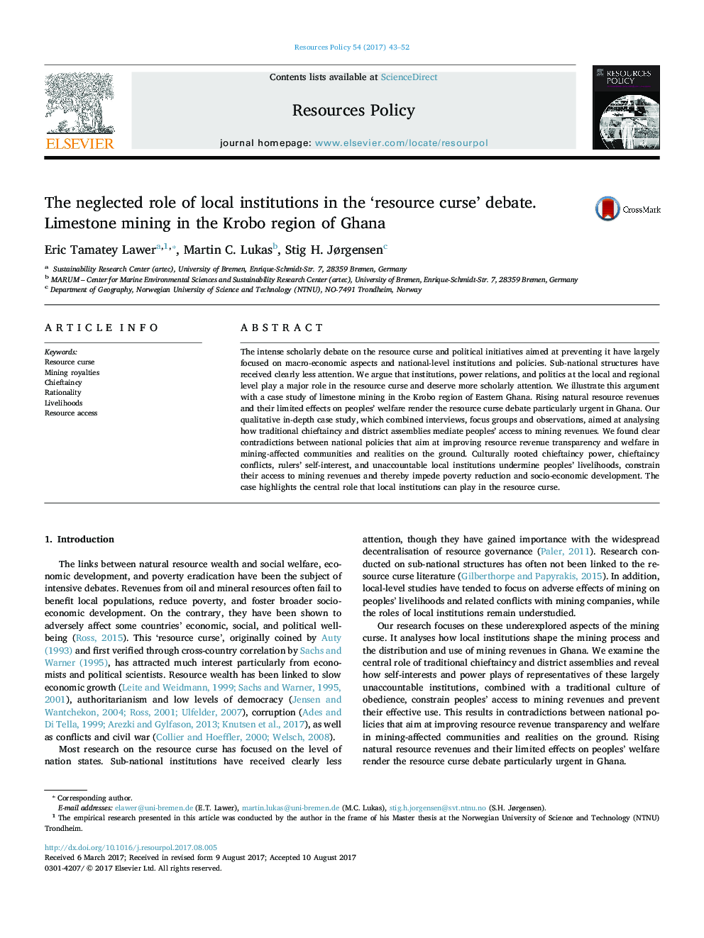 The neglected role of local institutions in the 'resource curse' debate. Limestone mining in the Krobo region of Ghana