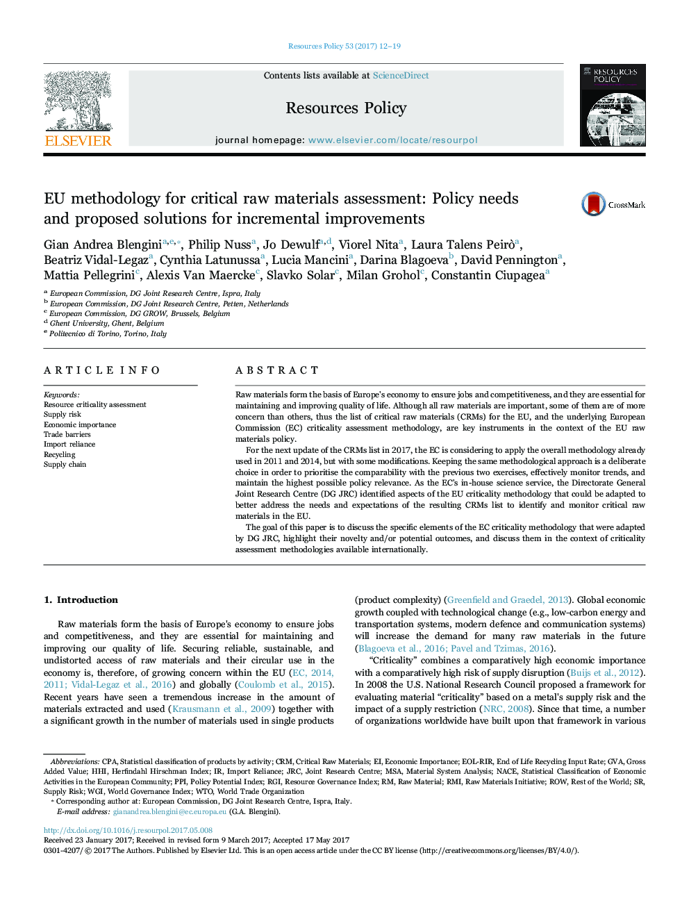 EU methodology for critical raw materials assessment: Policy needs and proposed solutions for incremental improvements