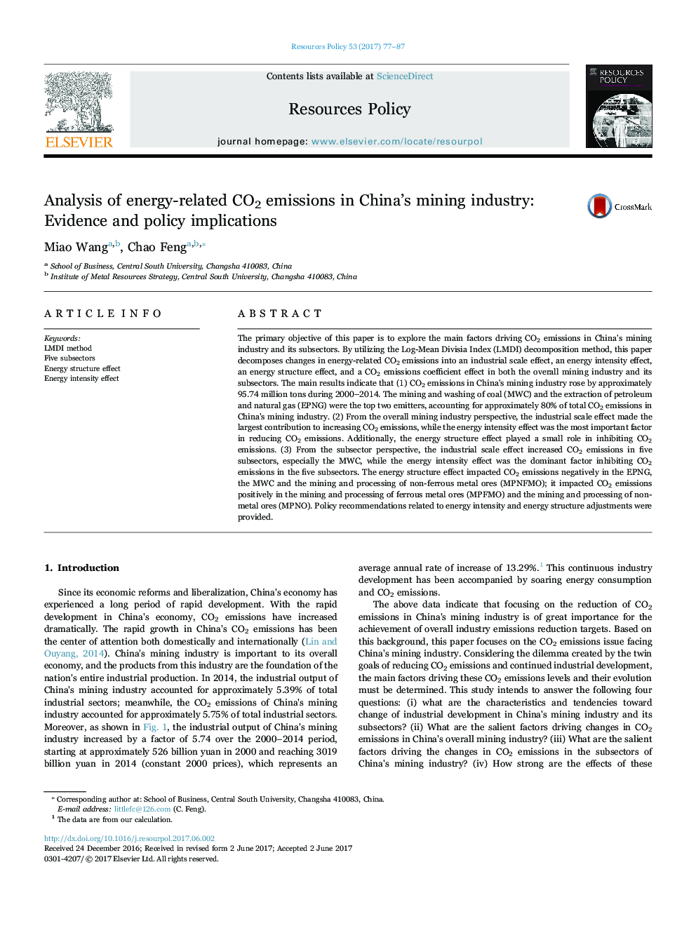 Analysis of energy-related CO2 emissions in China's mining industry: Evidence and policy implications