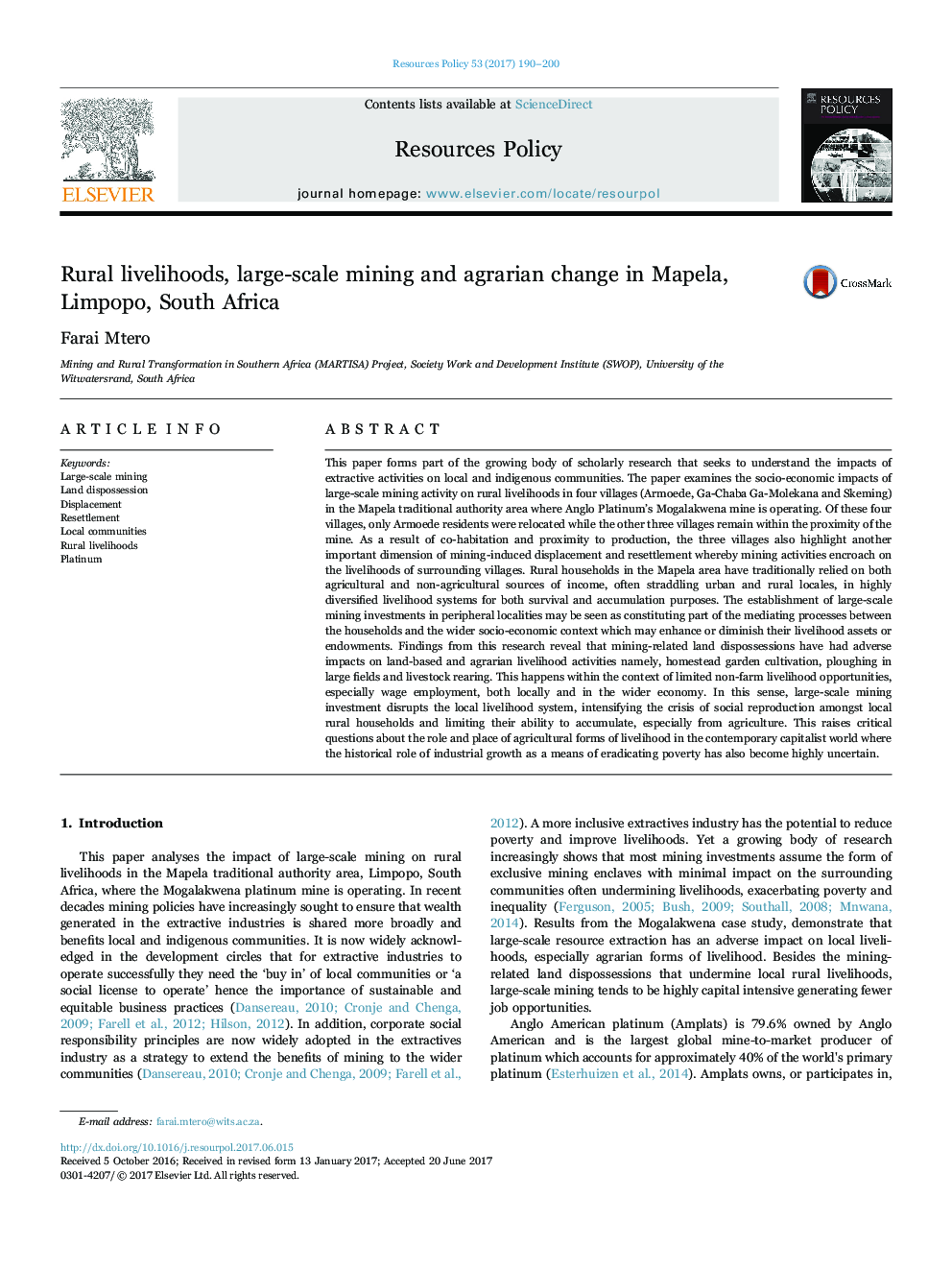Rural livelihoods, large-scale mining and agrarian change in Mapela, Limpopo, South Africa