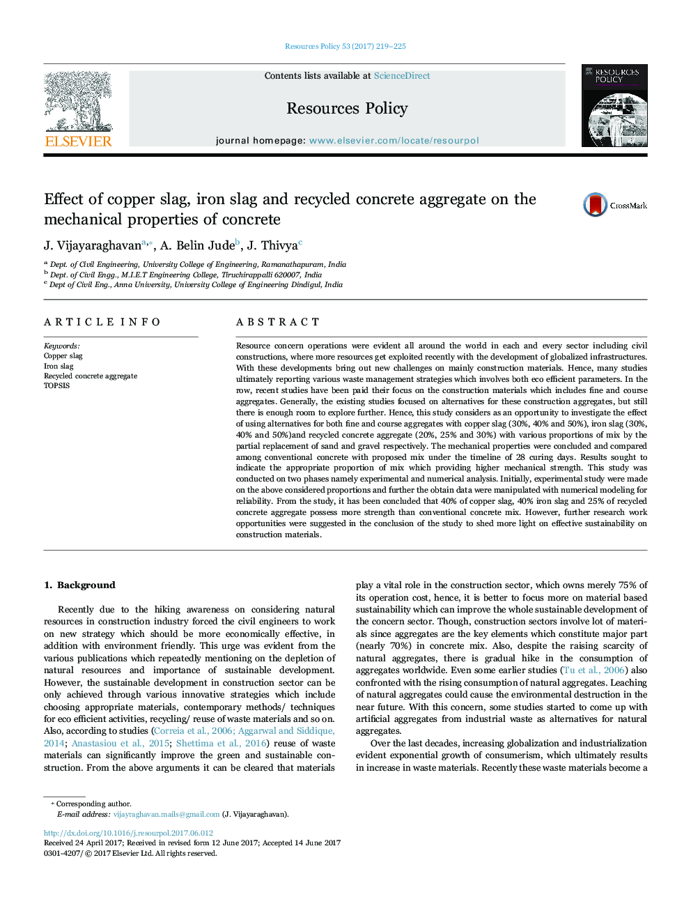 Effect of copper slag, iron slag and recycled concrete aggregate on the mechanical properties of concrete