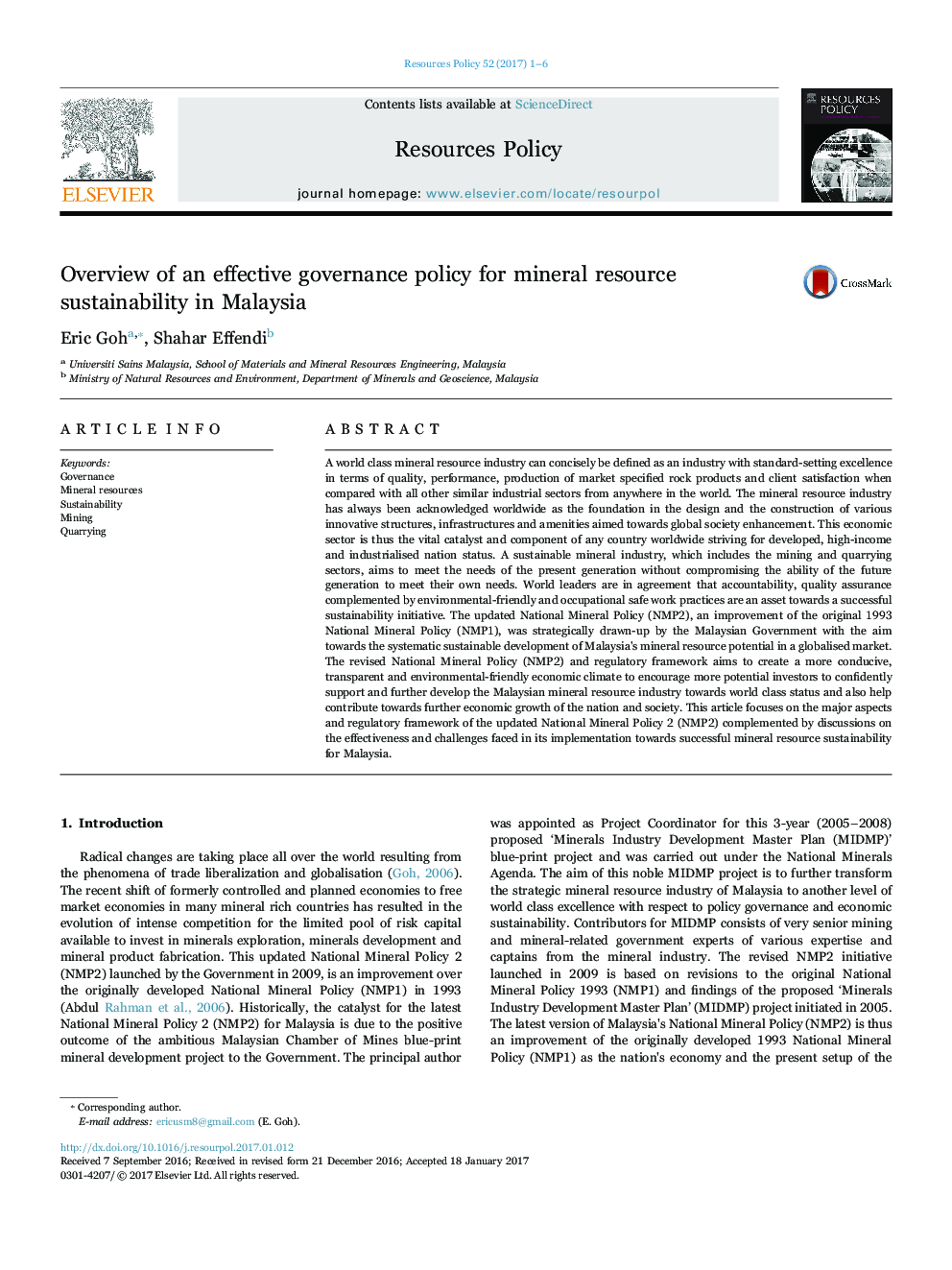 Overview of an effective governance policy for mineral resource sustainability in Malaysia