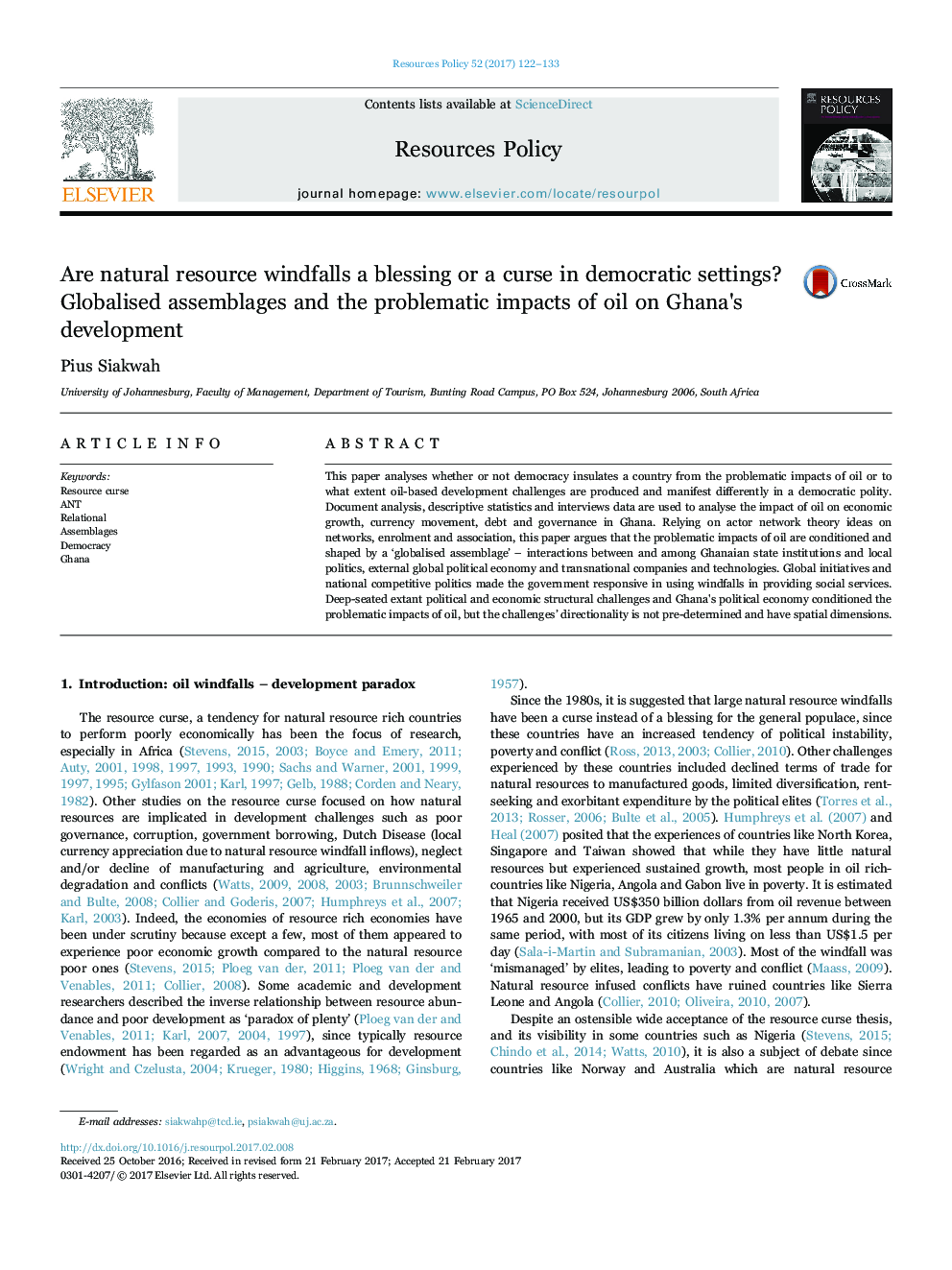 Are natural resource windfalls a blessing or a curse in democratic settings? Globalised assemblages and the problematic impacts of oil on Ghana's development