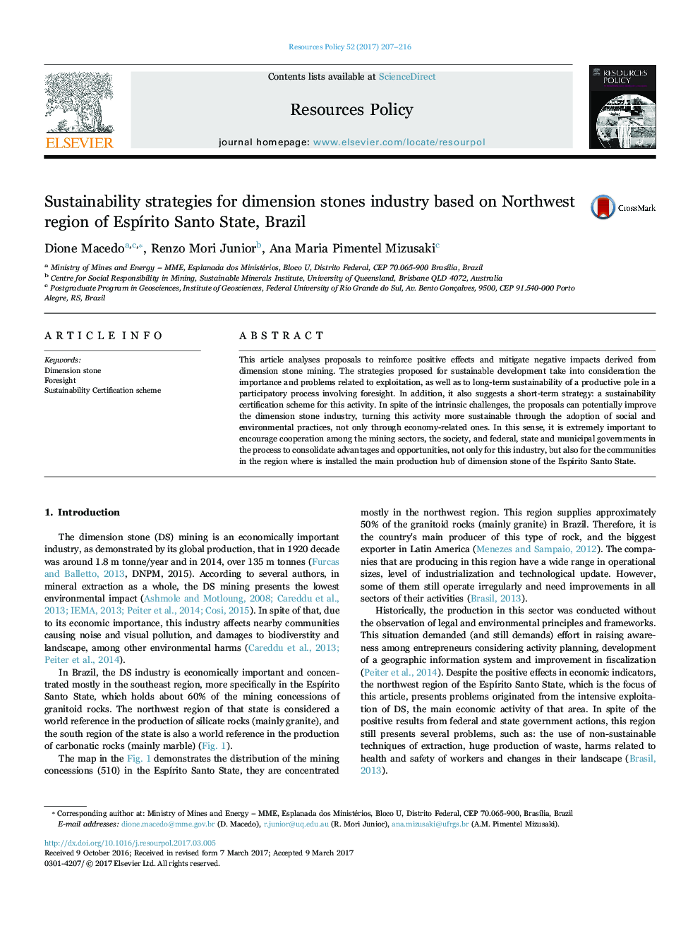 Sustainability strategies for dimension stones industry based on Northwest region of EspÃ­rito Santo State, Brazil